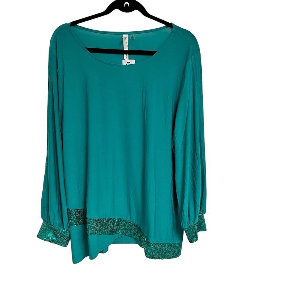 NY Collection Women's 2XL Green Sequin Open Sleeve Blouse Casual